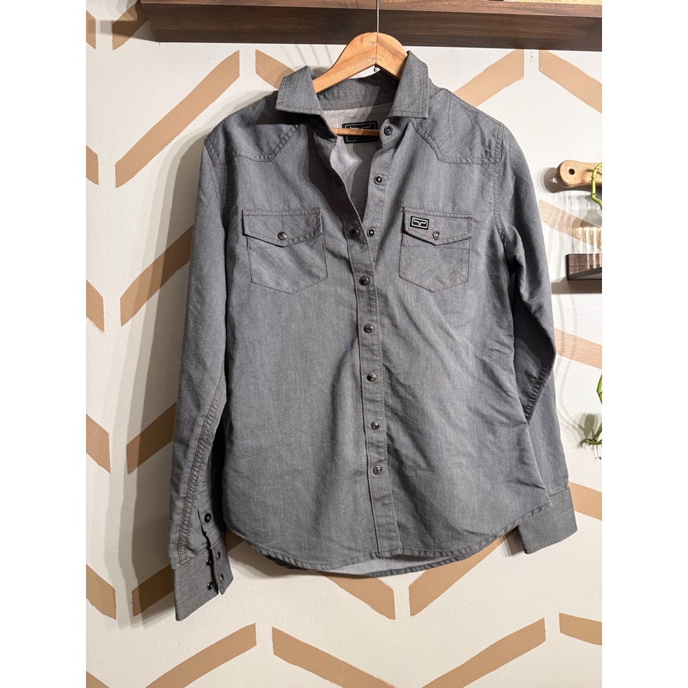Kimes Ranch Pearl Snap Shirt Mens Medium Grey Coolmax Herringbone Western